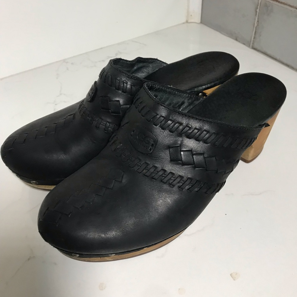 UGG Vivica black leather braided clogs